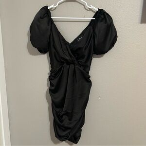 Lulu’s Black Satin Ruched Puff Sleeve Dress Women’s Size Medium